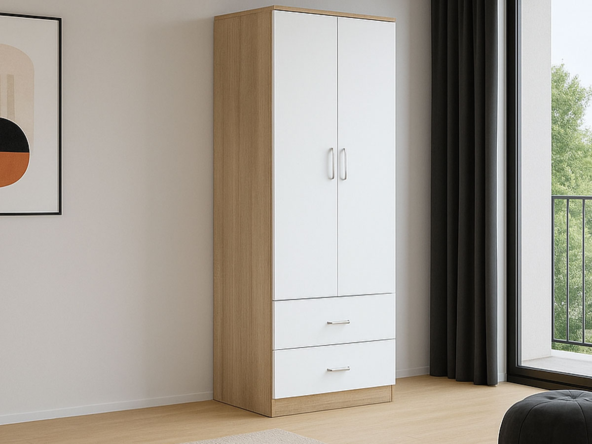 Roupeiro Milan(Branco, Carvalho Claro)(2 Portas de Abrir, 2 Gavetas)