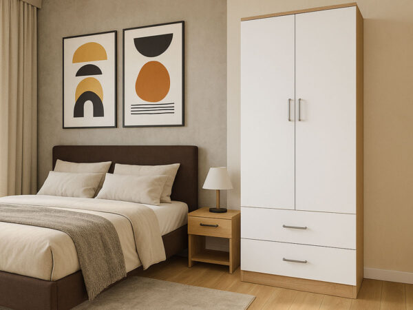 Roupeiro Milan (Branco, Carvalho Claro)(2 Portas de Abrir, 2 Gavetas)