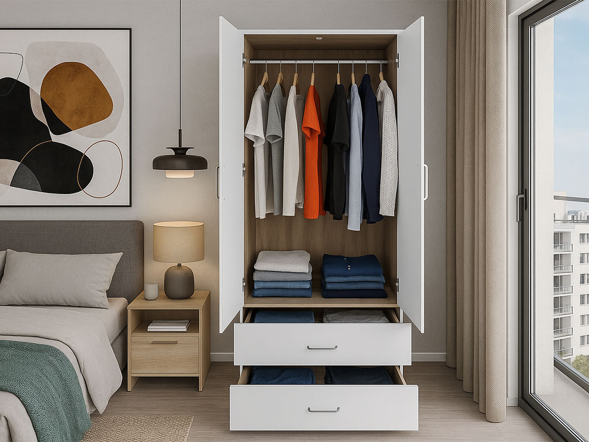 Roupeiro Milan(Branco, Carvalho Claro)(2 Portas de Abrir, 2 Gavetas) - Image 3