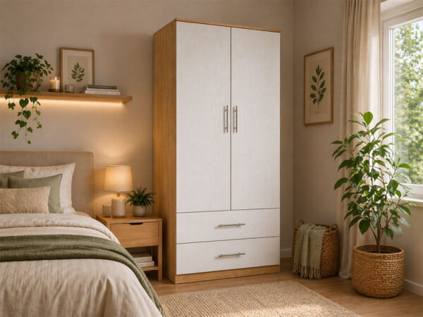 Roupeiro Milan (Branco, Carvalho Claro)(2 Portas de Abrir, 2 Gavetas)