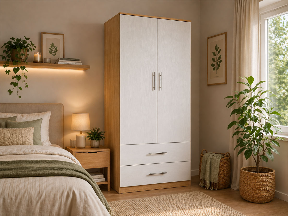 Roupeiro Milan (Branco, Carvalho Claro)(2 Portas de Abrir, 2 Gavetas)