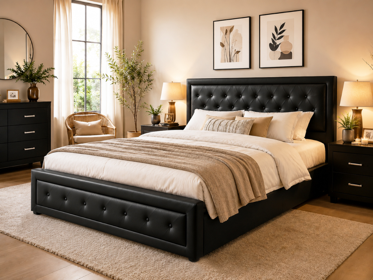 Cama de Casal Roman, Estrado Elevatório (Preto)(200x180 cm)
