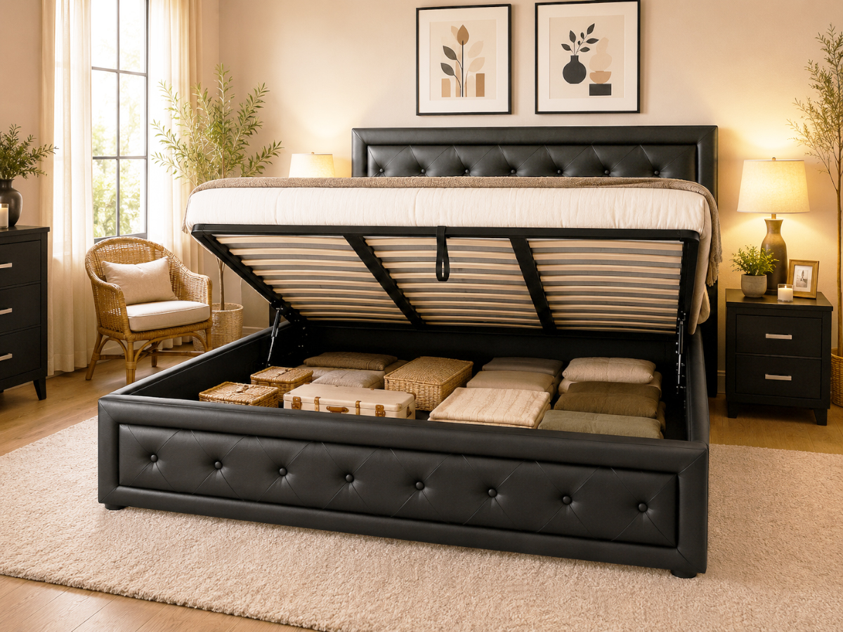 Cama de Casal Roman, Estrado Elevatório (Preto)(200x180 cm) - Image 2
