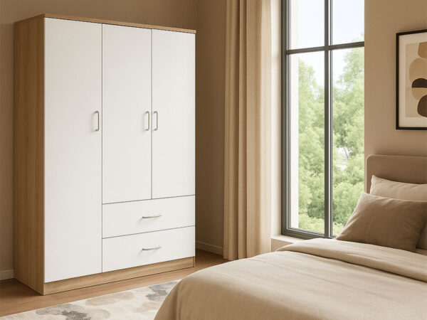 Roupeiro Milan(Branco, Carvalho Claro)(3 Portas de Abrir, 2 Gavetas)