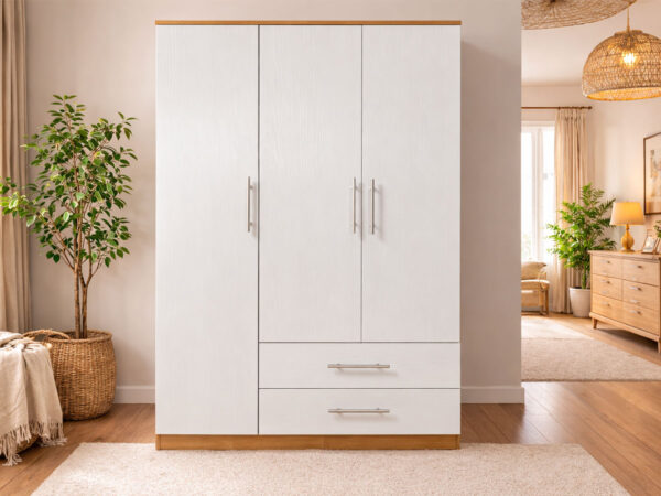 Roupeiro Milan (Branco, Carvalho Claro)(3 Portas de Abrir, 2 Gavetas)