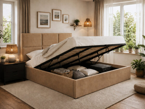 Cama de Casal Elegance, Estrado Elevatório (Camel)(200x180 cm)