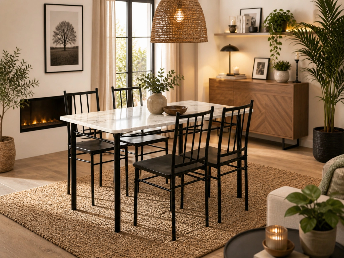 Conjunto de Mesa + 4 Cadeiras, Brand (Preto, Mármore)